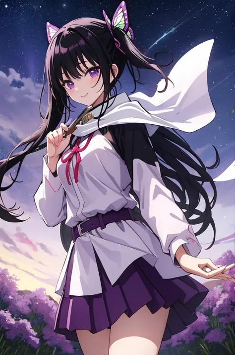 (masterpiece:1.3), (best quality:1.1), (8k, ultra detailed, ultra high res:1.2), ((anime style)), perfect 5 fingers, perfect anatomy, 
1girl,
Kanao Tsuyuri, 
BREAK long hair, side ponytail, 
black hair, 
purple eyes, empty eyes, 
butterfly hair ornament, 
...