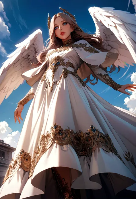 beautiful Angel, Wearing a gorgeous dress that covers the whole body, luxury gawn, Floating in the air, angel wings, angel ring, outdoor, detailed face, detailed eyes, detailed lips, detailed nose, full body shot from below