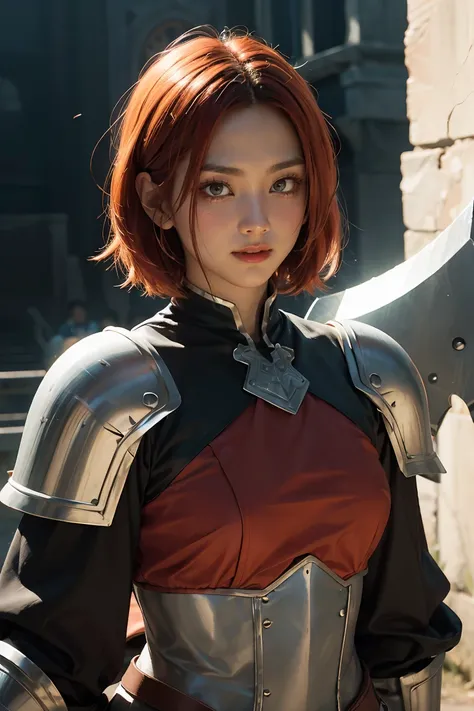 8k, best quality, highres, realistic, real person, A solitary warrior in a suspicious arena setting, without the demon lord. The warrior, lightly armored and with a sly smile, wields a large, ornately decorated axe. They have short red hair. The background...