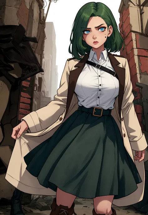 Girl with dark green hair down to her knees, light blue eyes, White skin, small mole on your right cheekbone, big breasts, thin waist, big hips, white blouse, brown jacket , black skirt , military style boots, survivor in a zombie apocalypse.