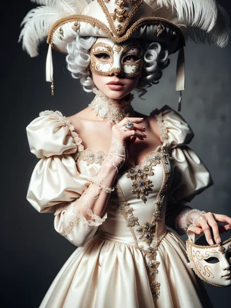 RAW photo, sitting girl, an absurd white wig, (full face mask:1.2), exquisite goldy dress, complex abstract feathers backgroung, dark theme,  MasqueradeFashion style 8k uhd, dslr, soft lighting, high quality, film grain, Fujifilm XT3, (intricate details:0....