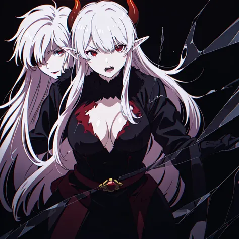 ((1adult woman,solo,milf,mature female)),red eyes,red lipstick,horns,angry,white hair,long hair,black dress,cleavage,elf ears,((...