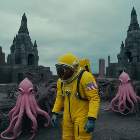 horror-themed,  in an ancient and mysterious city a person wearing a yellow helmet with pink dark spikes on it carcosa city styl...