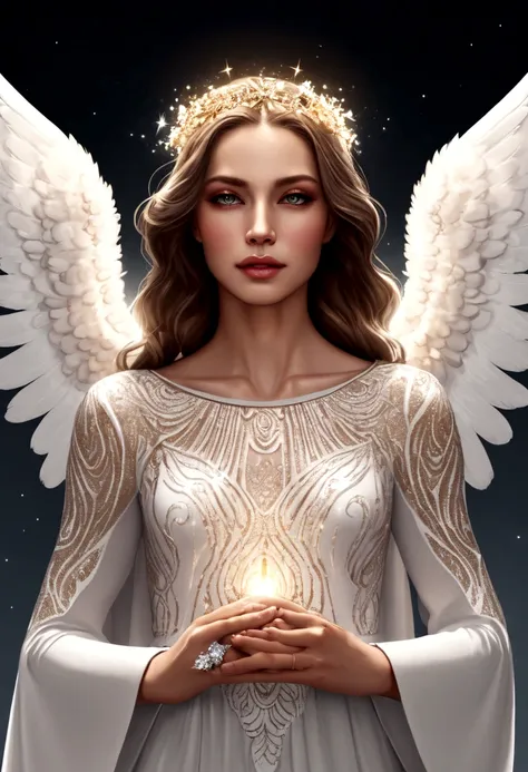 beautiful angel, wearing a gorgeous dress that covers the whole body, luxurly gawn,floating in the air, angel wings, (angel ring...