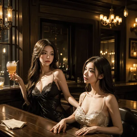 Create a realistic, photo-like image of a calm and elegant bar where attendees are wearing classic Venetian masks. The setting should be sophisticated and serene, with dim, ambient lighting and comfortable seating. People should be mingling, holding drinks...