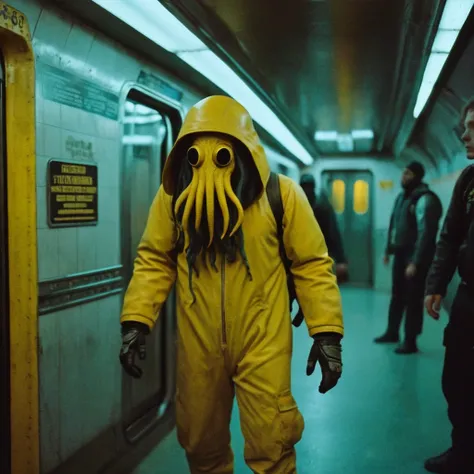 horror-themed,  in an ancient and mysterious subway a person wearing a yellow helmet with yellow spikes on it carcosa city style...