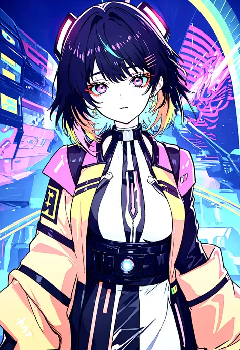 colourful eyes, colourful glowing hair, wearing sci-fi jacket, anime style, high detail, futurism, glowing light, uhd, retina, m...