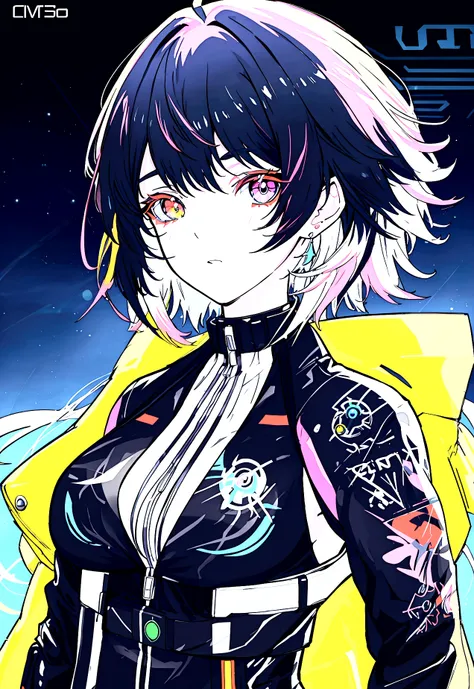 colourful eyes, colourful glowing hair, wearing sci-fi jacket, anime style, high detail, futurism, glowing light, uhd, retina, m...