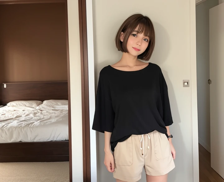 Brown Hair Color、flat 、Short Hair。private clothes。