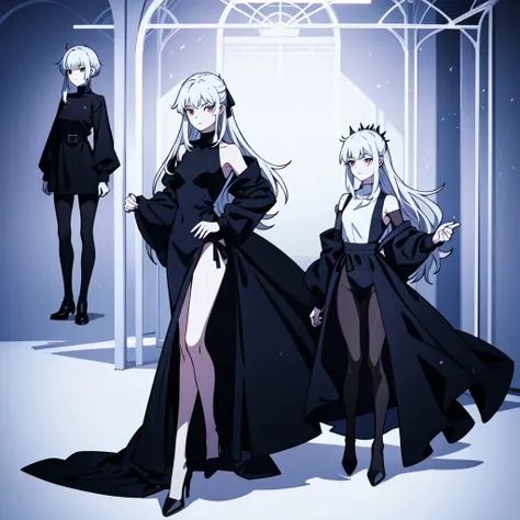 masterpiece: 18-year-old white-haired, red-eyed demon female with fair skin and wearing a black dress, medium-chested, full body...