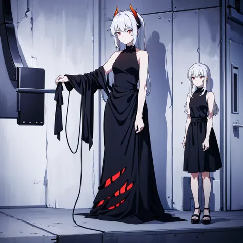 masterpiece: 18-year-old white-haired, red-eyed demon female with fair skin and wearing a black dress, medium-chested, full body...