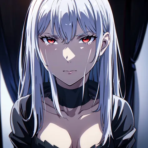 a white-haired, red-eyed demon female with fair skin, wearing a black dress, medium-chested, full body photo, masterpiece, best ...