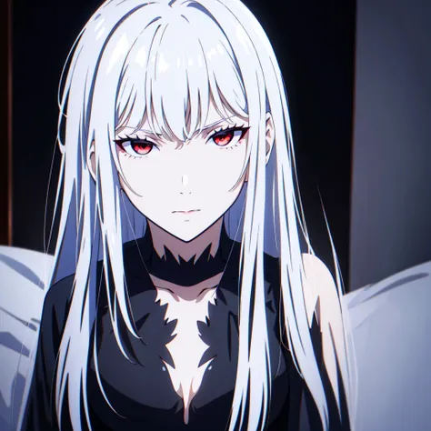 a white-haired, red-eyed demon female with fair skin, wearing a black dress, medium-chested, full body photo, masterpiece, best ...