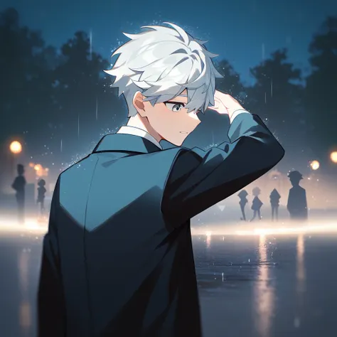 1 young, focus man , dancing in the rain, look elsewhere, stationary face, student, short hair, silver white hair, gray eyes,rai...