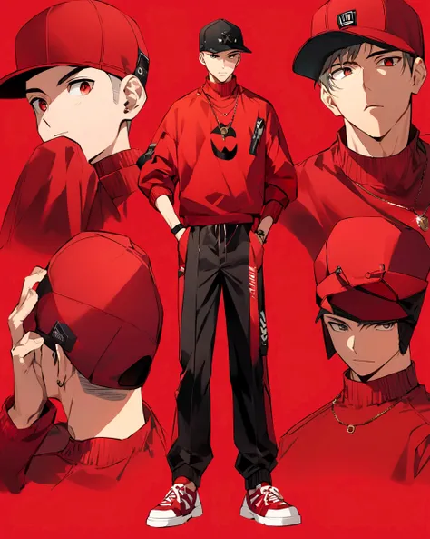 Create an anime-style illustration of a boys character with a solid red color background. The boy should be wearing a hip-hop style cap, red sneakers, and a red sweater paired with black pants. . The overall look should convey a trendy and sporty vibe."