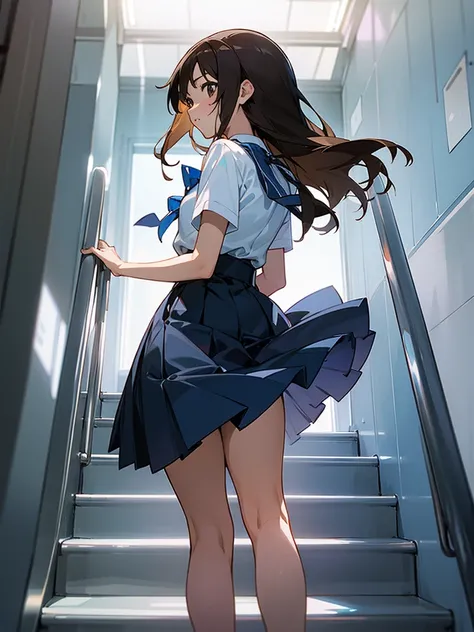 master piece, extremely detailed, high resolution,Makoto Shinkai style、high school girl、1 girl、Short-sleeved shirt、Blue bow tie、Glossy, plump lips、Shiny Hair、Brown Hair、Long Straight Hair、Mid-chest、Narrow waist、Checkered mini skirt、Climbing an escalator、Ba...