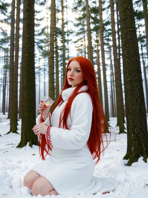 here is a woman with red hair and a white dress sitting in the snow, very long snow colored hair, a sorceress casting a ice ball...