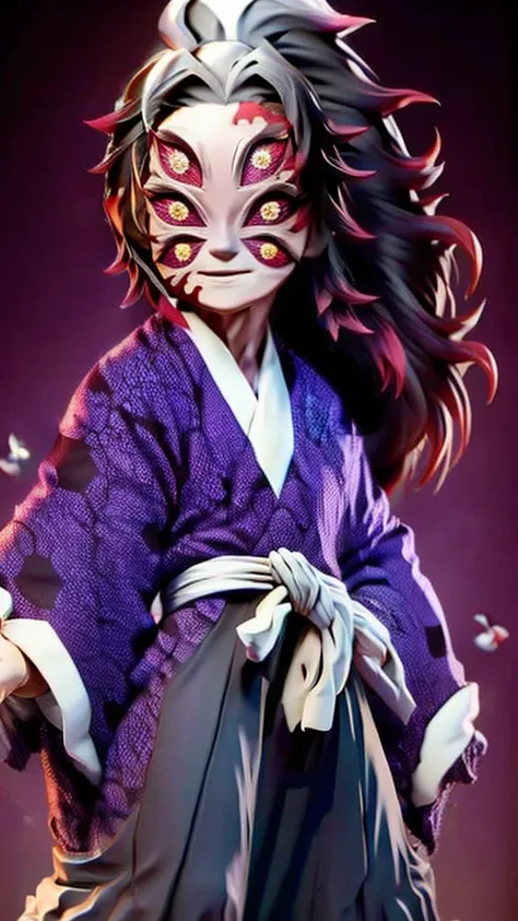 cute、mini character、fantasy、smiling、rainbow eyes、flying happily、long hair、ponytail、six eyes、dark kimono and hakama、eyes６there ar...