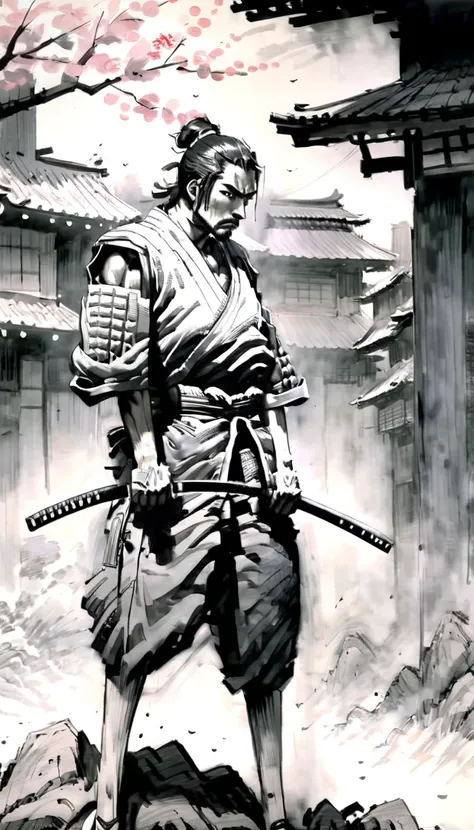 Draw Mix 6, dwx6,A pencil drawing of a tense moment as a lone Japanese samurai, Calm and determined, 影から現れる多数のNinjaと対決する. A samurai stands in the foreground, His armor is detailed, He drew his sword and got it ready.. Ninja, Drawn with dynamic brushstrokes...