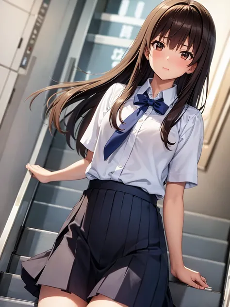 master piece, extremely detailed, high resolution,Makoto Shinkai style、high school girl、1 girl、Upper body only、Short-sleeved shirt、Blue bow tie、Glossy, plump lips、Shiny Hair、Brown Hair、Long Straight Hair、Mid-chest、Narrow waist、Checkered mini skirt、Climbing...