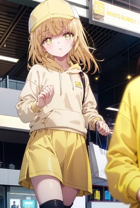 mahirushiina, Mahiru Shiina, bangs, Blonde, Brown Hair, (Yellow Eyes:1.3), smile,Open your mouth,Baseball cap,Oversized yellow hoodie,Short sleeve,mini skirt,black tights,short boots,Walking,Clear skies,Daytime,
break indoors,Shopping mall,
break looking a...