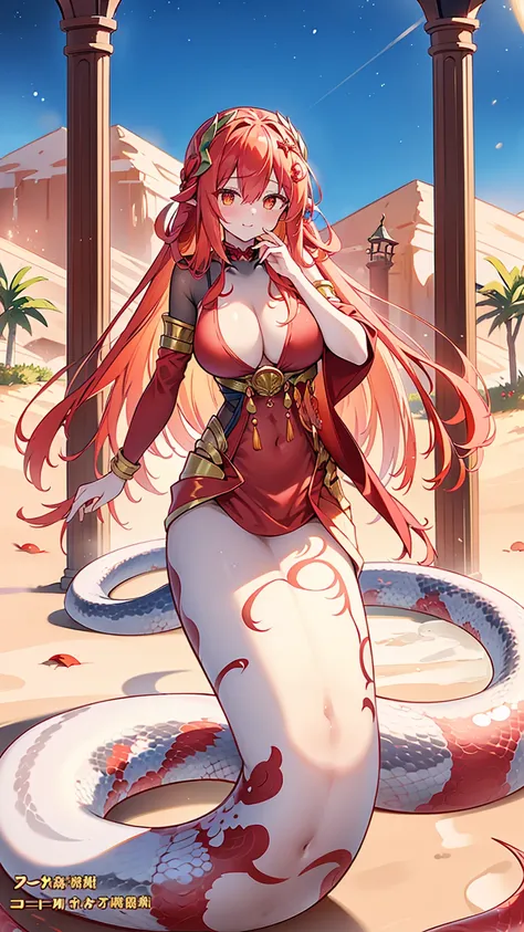 masterpiece, best quality,a girl,lamia,large breasts,red snake tail,red long hair,golden eyes,headdress,charming脸,oval face(kawa...