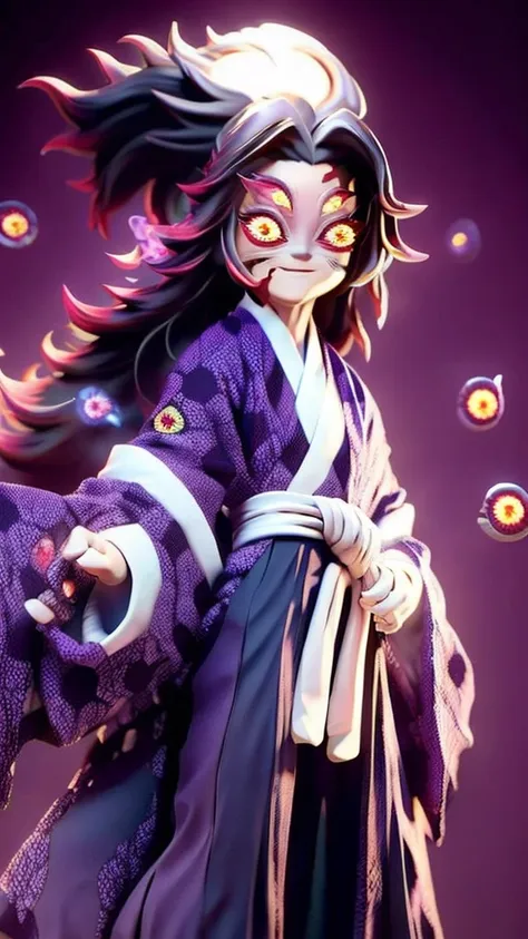 cute、mini character、fantasy、smiling、rainbow eyes、flying happily、long hair、ponytail、six eyes、dark kimono and hakama、eyes６there ar...