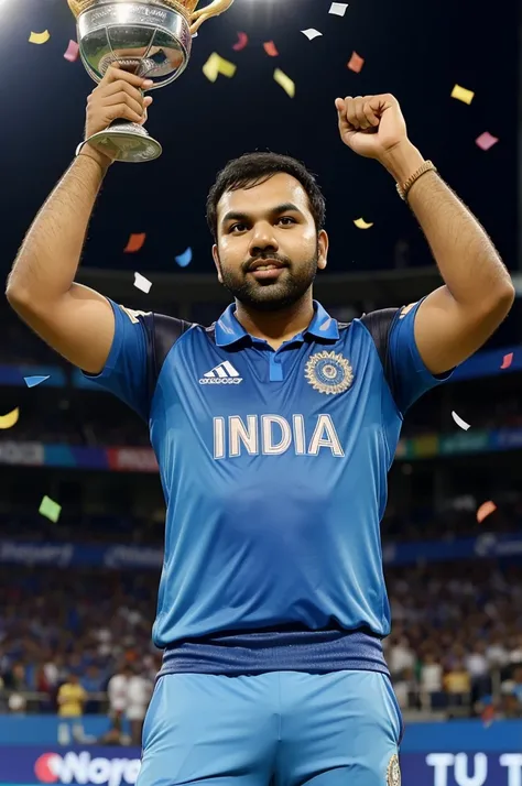 Create an image of Rohit Sharma, the Indian cricketer, standing on the podium at the T20 World Cup 2024 final. He is smiling broadly and holding up a beautiful silver trophy with both hands. The trophy has the T20 World Cup logo engraved on it. Rohit Sharm...