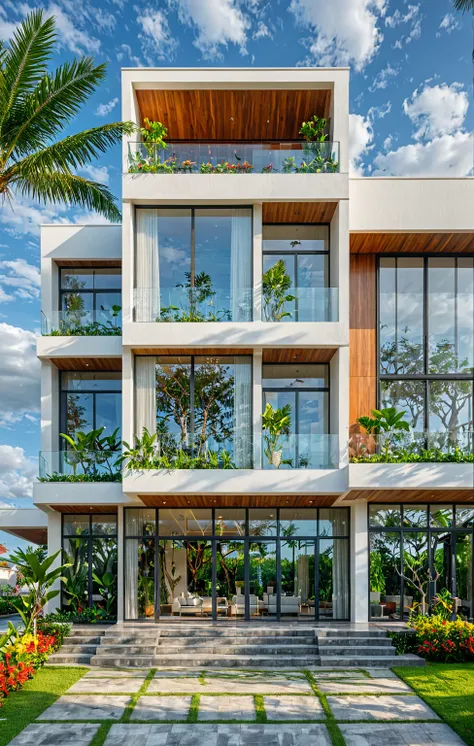 modern villa on street, (overcast lighting:1.2), tropical tree, vivid color, curve wall, streetcapes, nice sky, grey and wwhite ...