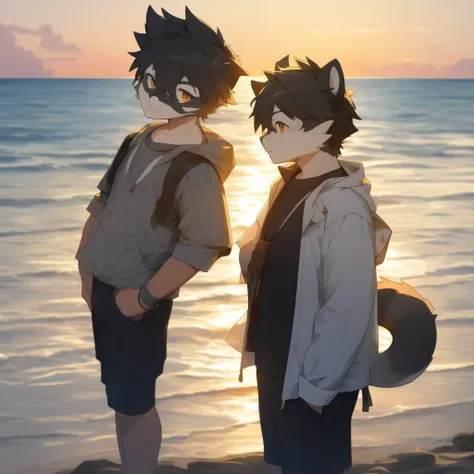 author：jrjresq, author：kirito, Libido boy, furry raccoon, Fursona raccoon , Black and grey hair, Very good figure, Handsome, adolable, Light：Hazy light and shadow, Reflective skin, Reddish skin, worn-out clothing，Commoner, beachside，standing on the rock，sa...