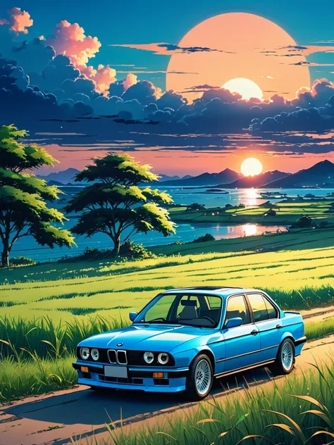 anime landscape of a pearl curacao blue classic 1993 bmw e30 318i sport sits in a field of tall grass with a sunset in the backg...