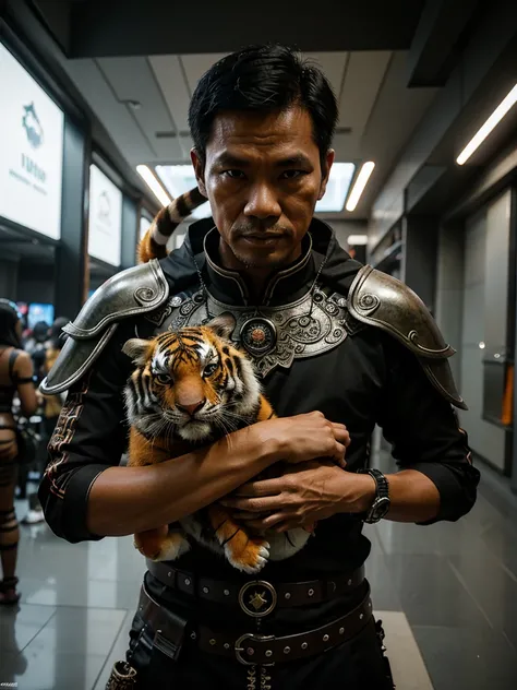 Futuristic Indonesian man aged 35 years, wearing fantasy warrior clothes, carrying a dead tiger, realistic UHD 8K