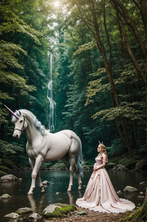 Princess in the forest near the river with a unicorn 