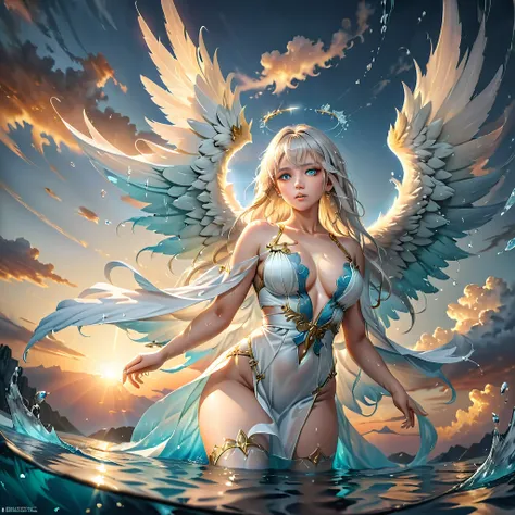 (Full Body Image: 2.0),Beautiful young angel with long white hair and wearing a sheer white robe,(Large angelic wings spread: 1.4),Angel with porcelain-like ethereal skin, floating in the air, shot from below emerging from the clouds with a stunning sunset...