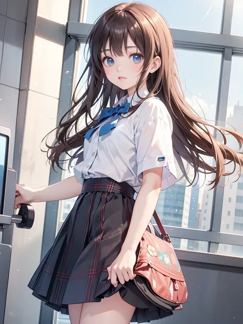 master piece, extremely detailed, high resolution,Makoto Shinkai style、high school girl、1 girl、Upper body only、Short-sleeved shirt、Blue bow tie、Glossy, plump lips、Shiny Hair、Brown Hair、Long Straight Hair、Mid-chest、Narrow waist、Plaid super mini skirt、Climbi...