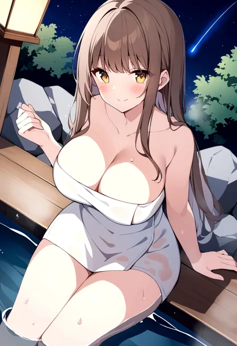 slender, mature female,towel, star_(sky), starry_sky, sky, onsen, night, 1girl, rating:safe, solo, breasts, night_sky, brown_hair, soaking_feet, naked_towel, water, sitting, steam, large_breasts, sidelocks,  blush, lantern, smile, outdoors, cleavage, colla...