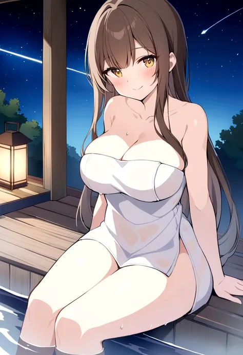 slender, mature female,towel, star_(sky), starry_sky, sky, onsen, night, 1girl, rating:safe, solo, breasts, night_sky, brown_hair, soaking_feet, naked_towel, water, sitting, steam, large_breasts, sidelocks,  blush, lantern, smile, outdoors, cleavage, colla...