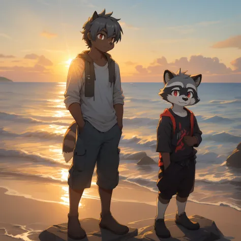  furry raccoon, Fursona raccoon , Black and grey hair, Very good figure, Handsome, adolable, Light：Hazy light and shadow, Reflective skin, Reddish skin, worn-out clothing，Commoner, beachside，standing on the rock，solo，1doy, Outdoor sunset, the detail, depth...