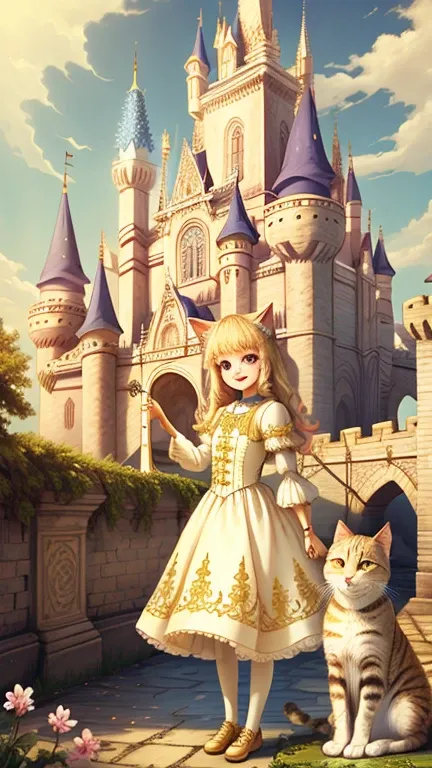 girl, Castle Background, Ivory Gold AI Psychedelic Magic, Cat, Fairy, Clean, bright, Smile