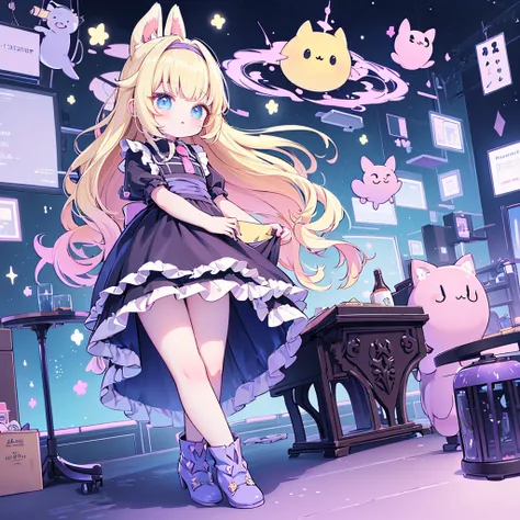 (Tabletop, Highest quality、Super detailed、Super detailedな目), (Perfect athletic body:1.2), (Fine hair), Super detailed, Anime Style, whole body, alone, Fantasy Blonde Hair, Blue Eyed Girl, Apron dress like Alice in Wonderland, Playing cards with your hands,...