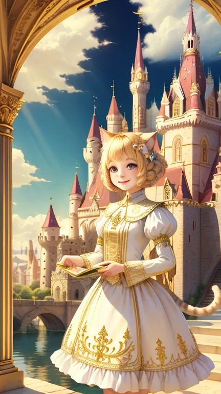 girl, Castle Background, Ivory Gold AI Psychedelic Magic, Cat, Fairy, Clean, bright, Smile