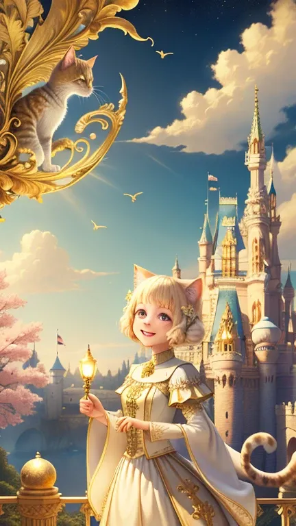 girl, Castle Background, Ivory Gold AI Psychedelic Magic, Cat, Fairy, Clean, bright, Smile