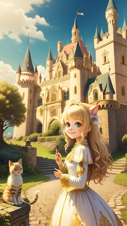 girl, Castle Background, Ivory Gold AI Psychedelic Magic, Cat, Fairy, Clean, bright, Smile