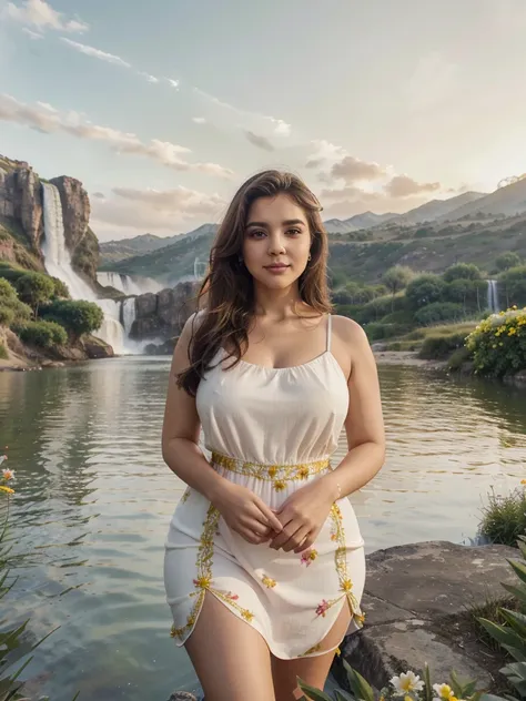 Arab dress, yellow dress, short dress (white), crocodile near the mountain, water near the grass, waterfall nearby, light green, bright flowers, red sky, wearing suit (white), lips (pink) Escasamente vestido, beautiful face  Hermosa big hips shine in the s...