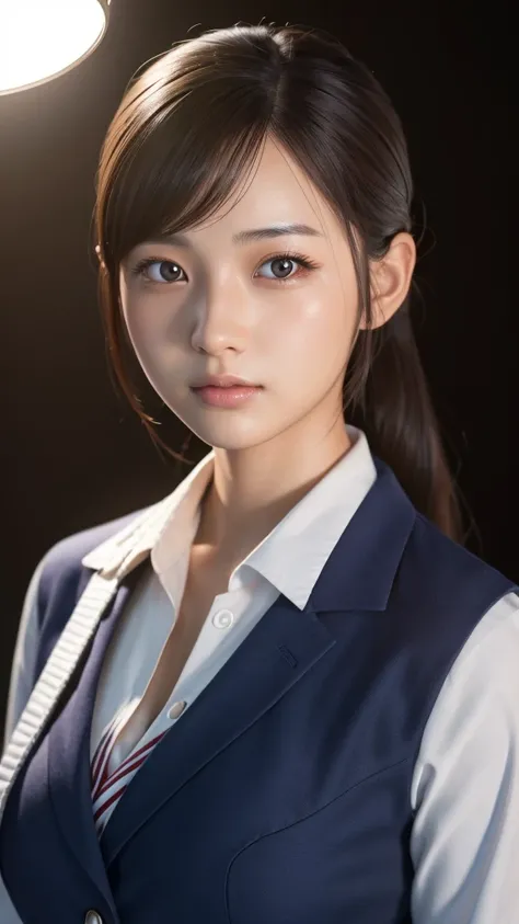 A beautiful young Japanese woman, around 20 years old, wearing a stewardess uniform, ultra-detailed, 8K resolution, highly realistic, cinematic lighting, best quality, masterpiece, photorealistic, physically-based rendering, extremely detailed, vivid color...