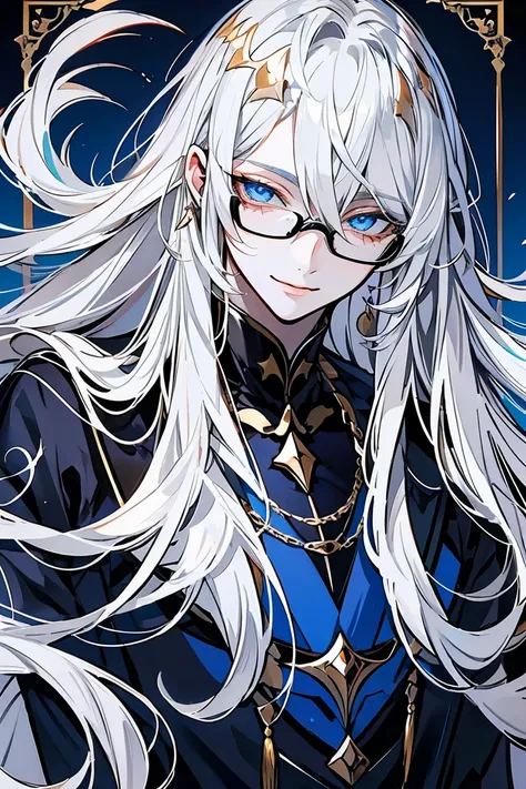 male，金色long hair，Look to the lower left corner，Lips pursed smile，Best qualities of blue eyes,,{long hair}，Straight Hair，{High resolution}{gentle face}，student，Gold-framed glasses，blue pupils(Sharp eye 光),(((Adult male))),Face clarity，The white of the eye i...