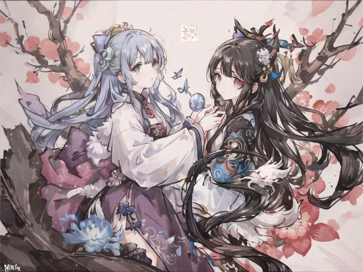 ((4K,masterpiece,best quality)), Mysterious Mercury Witch, Traditional Chinese ink painting, Jasmine,  Hanfu, maxiskit, 穿着保守 1 大elder sister, Solitary, Light blue hair, Fox ears, White,  Butterfly, many Butterfly near boy, Look at the audience, tease,elder...