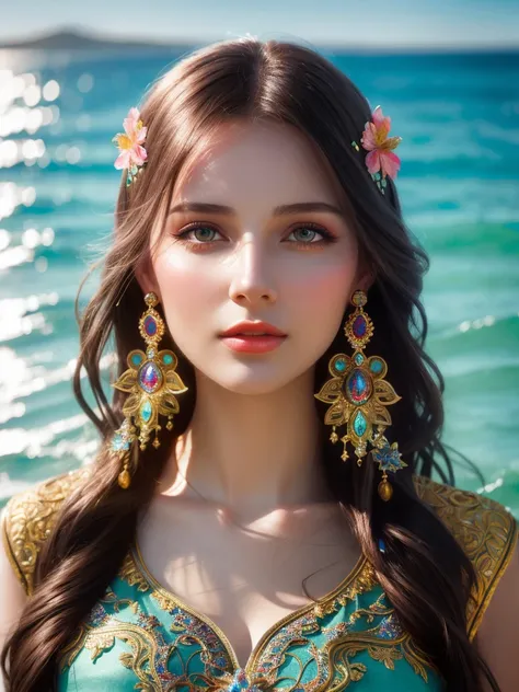 a very beautiful russian woman , detailed face and features, beautiful sea, sunlight, calm water, photorealistic, award winning digital art, intricate details, masterpiece, vibrant colors, realistic lighting, 8k, cinematic, dramatic, sophisticated, elegant