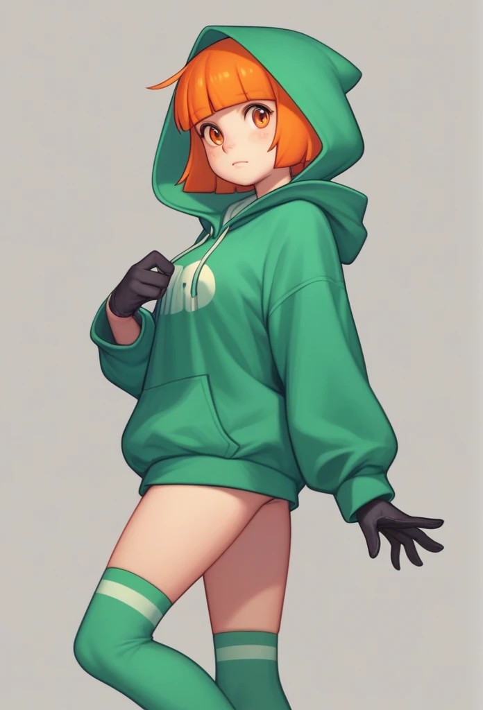 a drawing of a girl in a green hoodie and black gloves, [[[[grinning evily]]]], orange hair, orange eyes, green miniskirt, green stockings with black check, in a hoodie, green hood, by Kamagurka, chihiro! fujisaki, madeline from celeste, girl wearing hoodi...