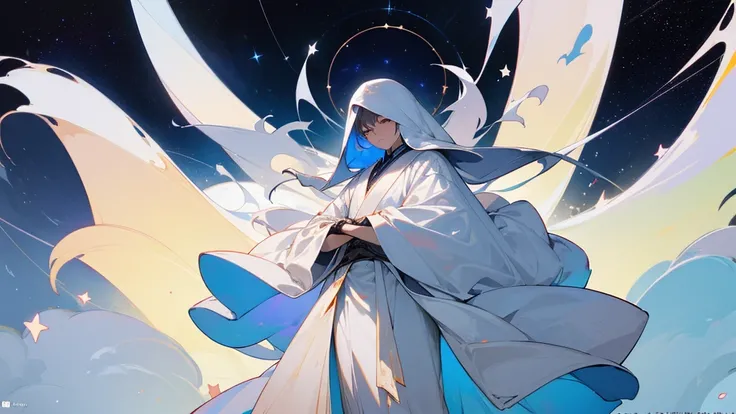 A mysterious figure in a white robe standing at the center of the world, surrounded by countless stars and cosmic nebulae, extending his hands as if creating and shaping the entire world, ,in the style of the stars art group xing xing, 32k, best quality, m...